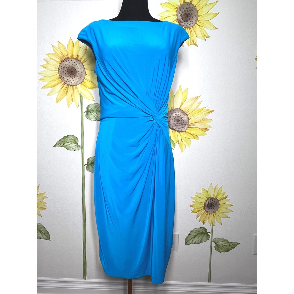 Lauren Ralph Lauren Blue Side Twist Knot Draped Sheath Dress Size 14 - Picture 2 of 6